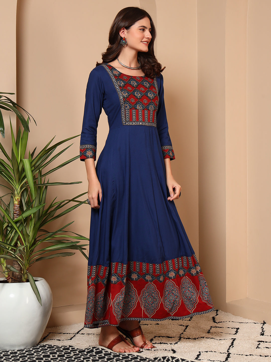 Navy Blue Jaipur Cotton Ethnic Maxi Dress