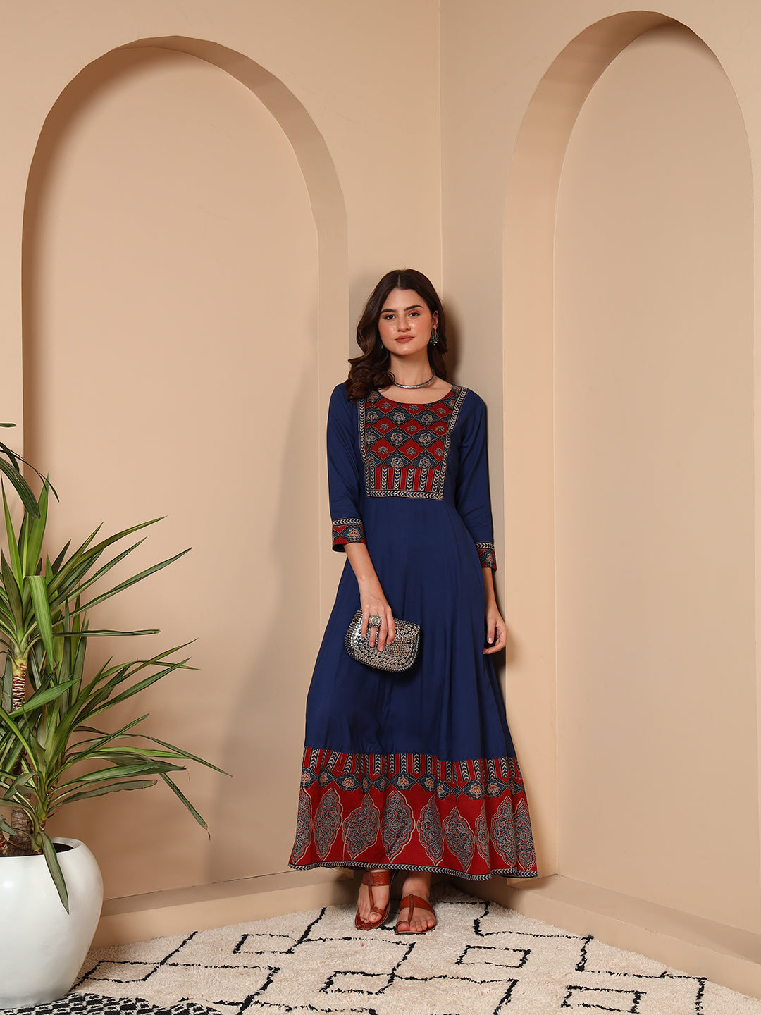 Navy Blue Jaipur Cotton Ethnic Maxi Dress