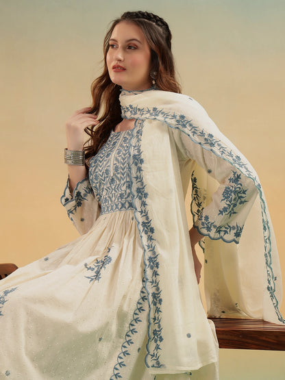 Noor Cream Embroidered Cotton A-Line Suit Set