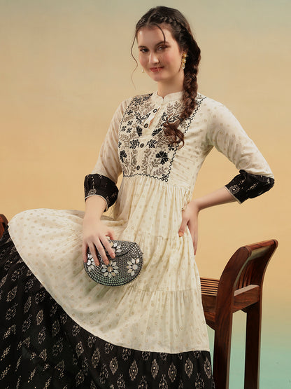 Ivory Embroidered Jaipuri Cotton Tiered Dress