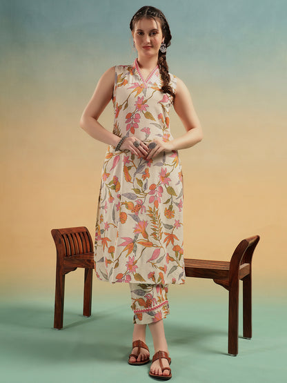 Gulnaar Cream Floral Cotton Kurti Set