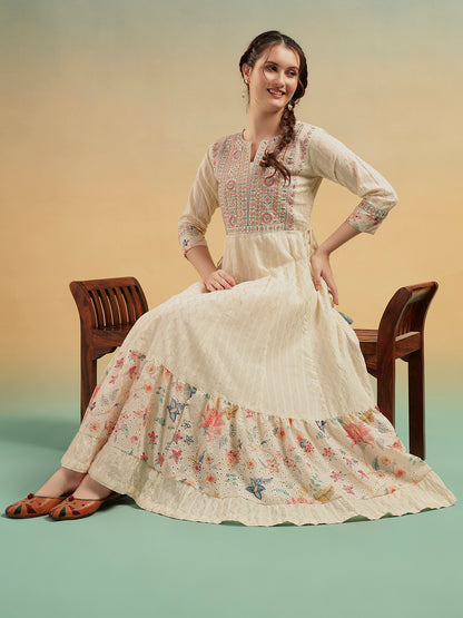 Ivory Mulmul Cotton Embroidered Long Ethnic Dress