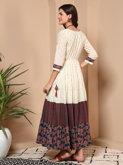 Ivory Cream Jaipur Cotton Tiered Dress