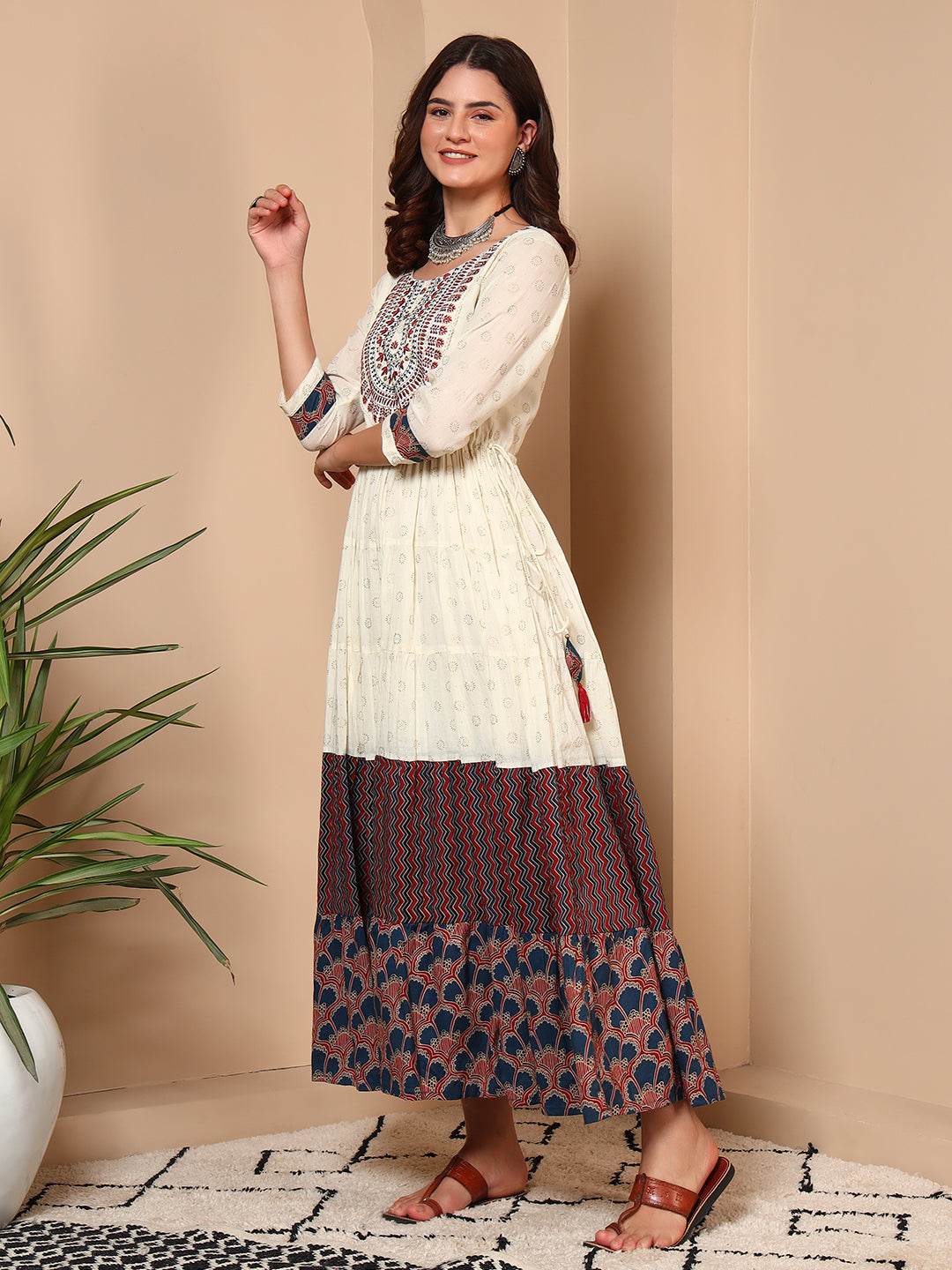 Ivory Cream Jaipur Cotton Tiered Dress