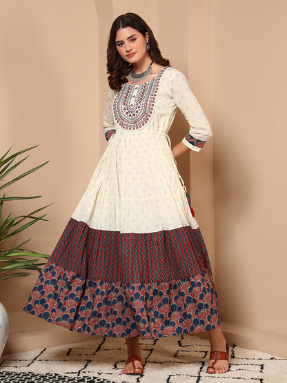 Ivory Cream Jaipur Cotton Tiered Dress
