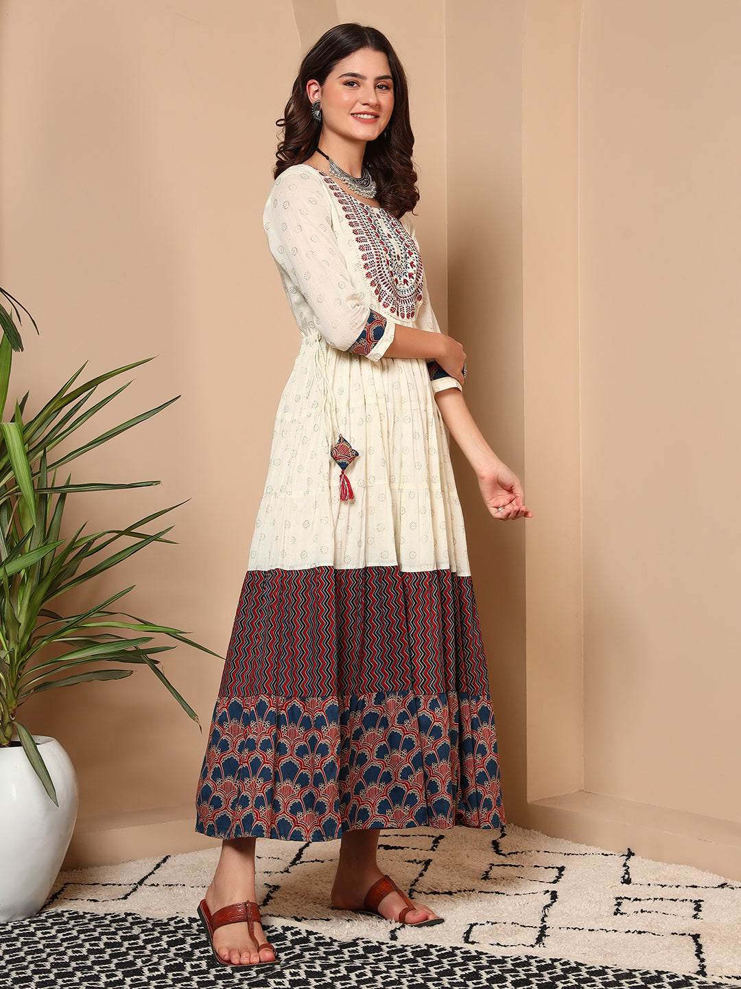 Ivory Cream Jaipur Cotton Tiered Dress