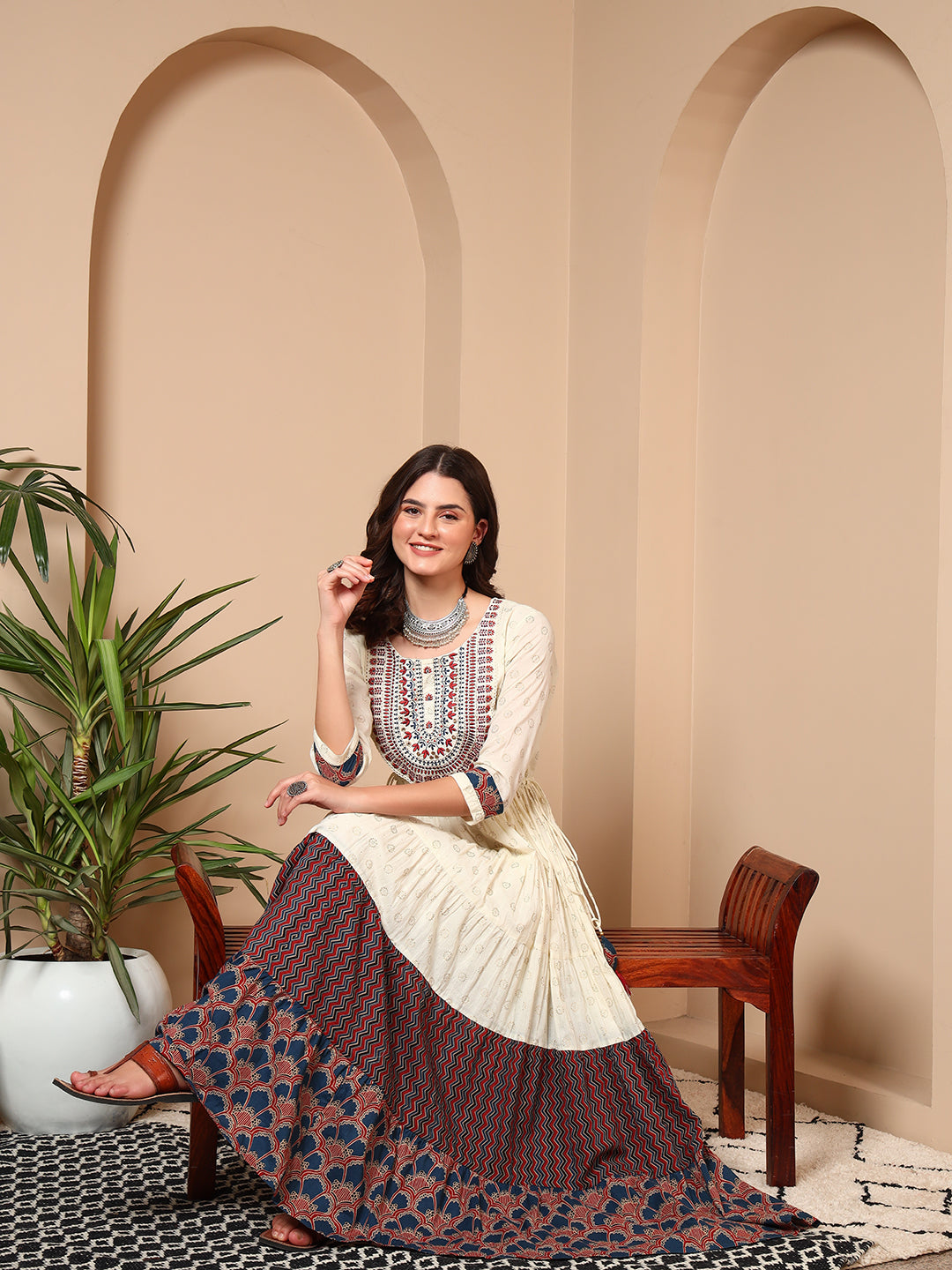 Ivory Cream Jaipur Cotton Tiered Dress