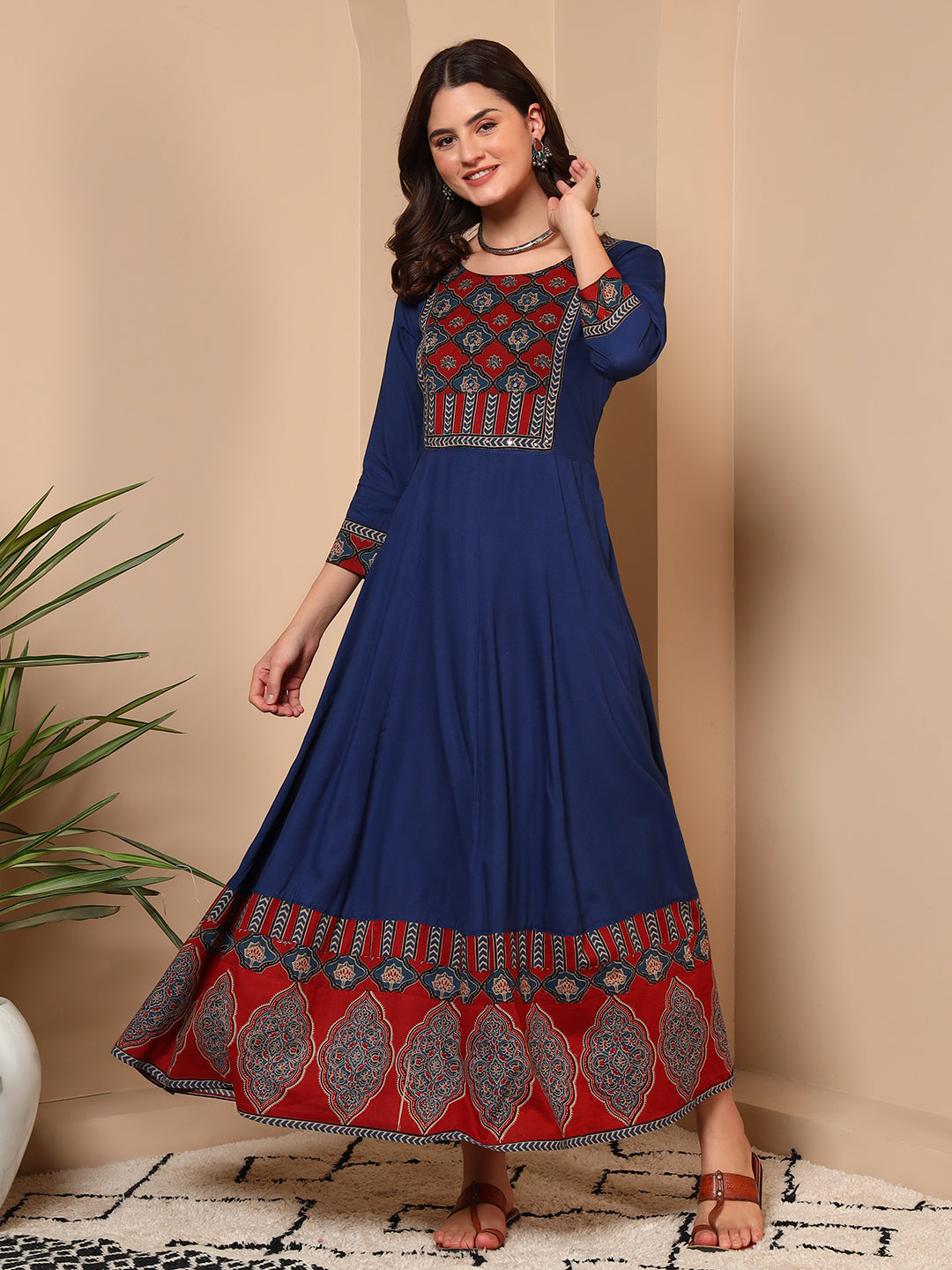 Navy Blue Jaipur Cotton Ethnic Maxi Dress