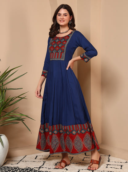 Navy Blue Jaipur Cotton Ethnic Maxi Dress