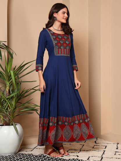 Navy Blue Jaipur Cotton Ethnic Maxi Dress