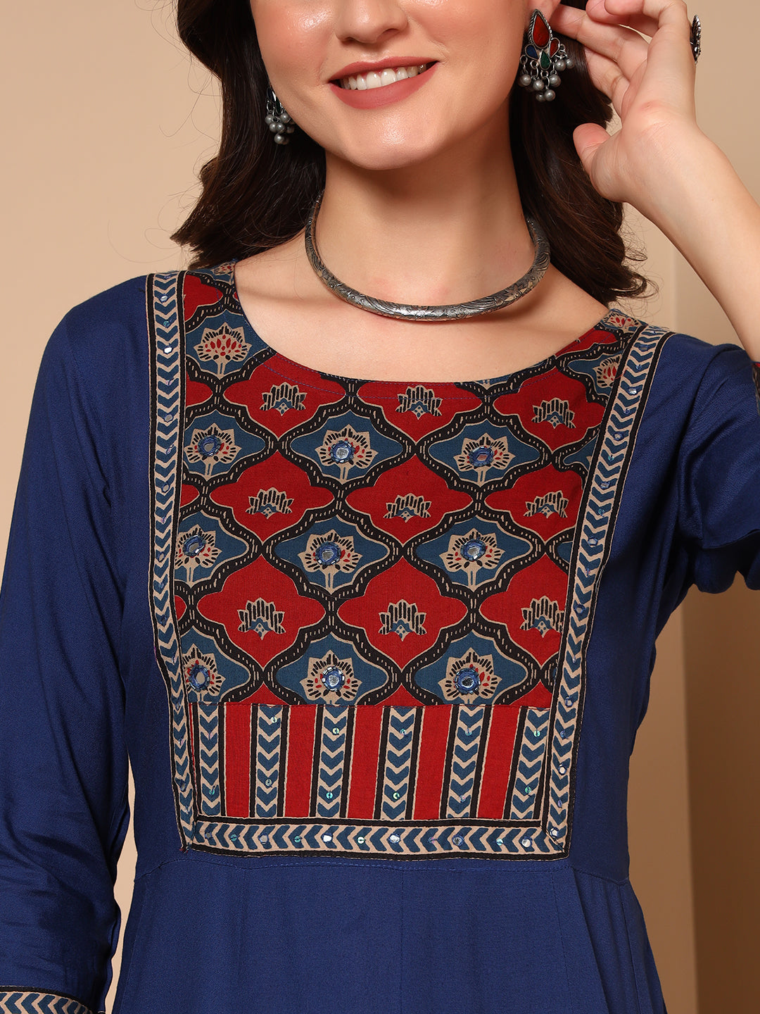 Navy Blue Jaipur Cotton Ethnic Maxi Dress