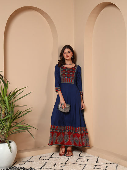 Navy Blue Jaipur Cotton Ethnic Maxi Dress