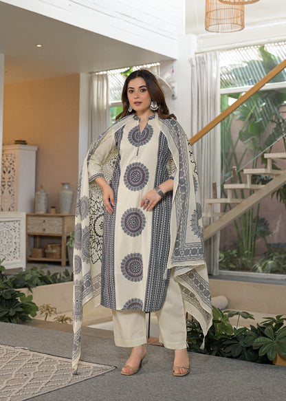 Ivory Mandala Panel Pure Cotton Suit Set with Dupatta
