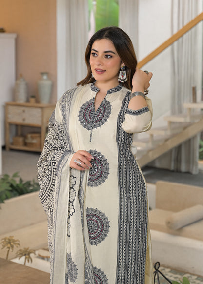 Ivory Mandala Panel Pure Cotton Suit Set with Dupatta