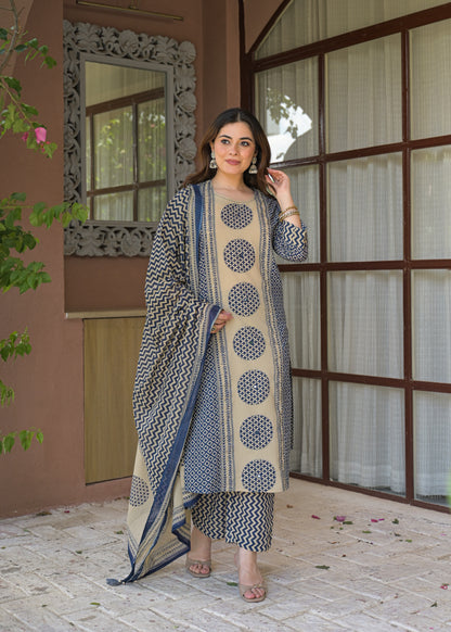 Indigo Charm Printed Cotton Suit Set with Dupatta