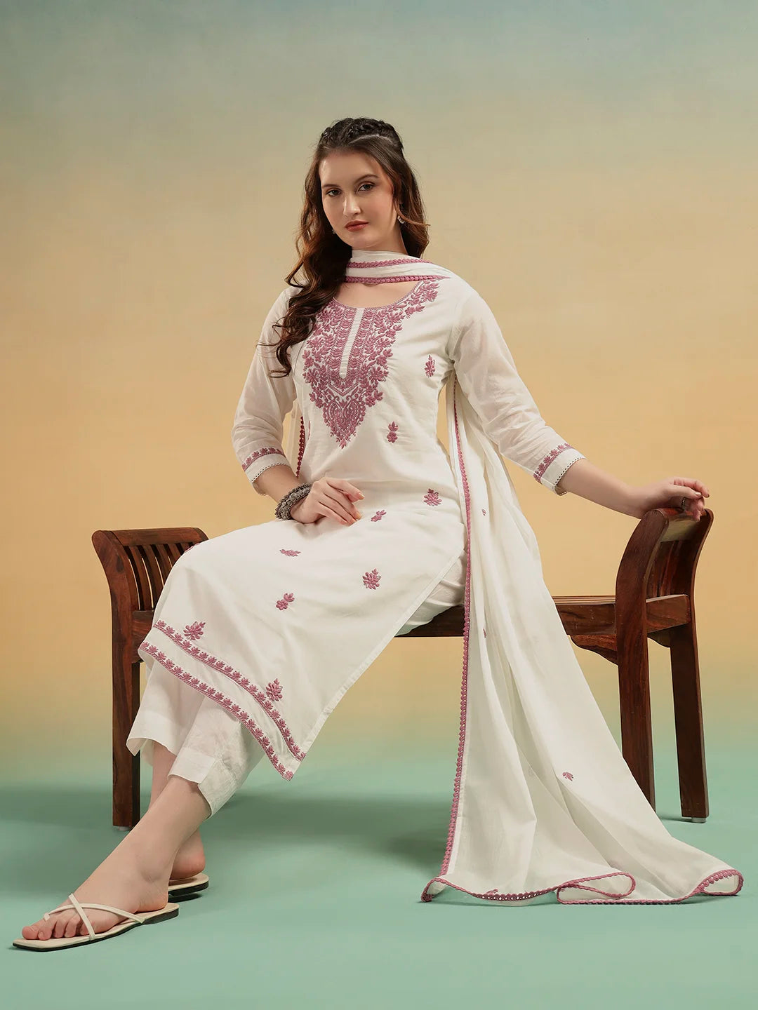 Ivory White Lucknowi Embroidered Cotton 3-Piece Suit Set