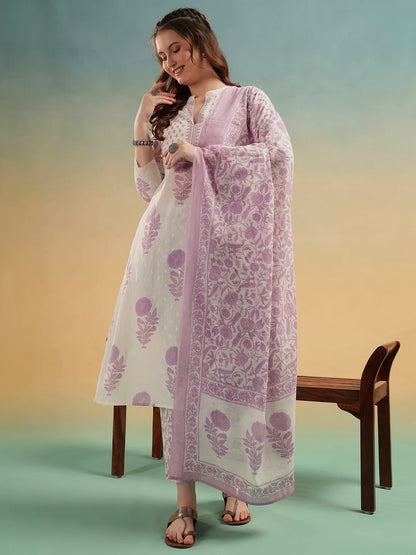 Ivory Blossom Cotton Suit Set – Jaipuri Printed Kurti Pant with Dupatta