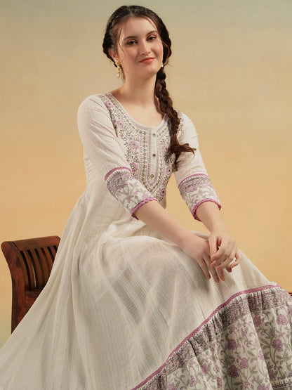 akrati Vastram Ivory Bloom A-Line Cotton Dress