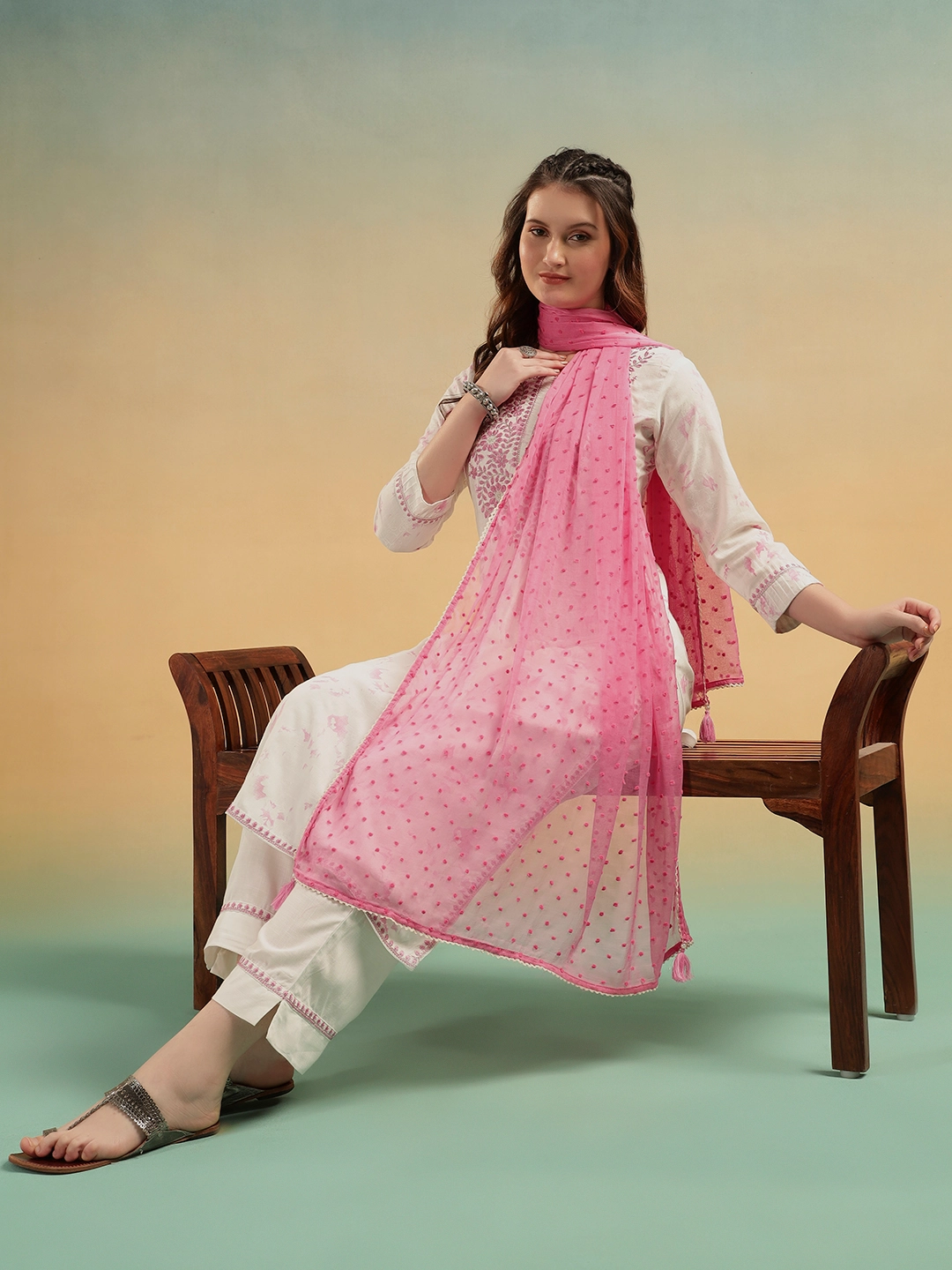 Aafreen Ivory Embroidered Cotton Straight Suit Set - Image 3