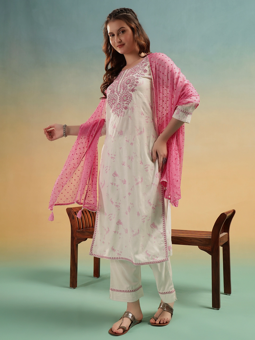 Aafreen Ivory Embroidered Cotton Straight Suit Set - Image 5