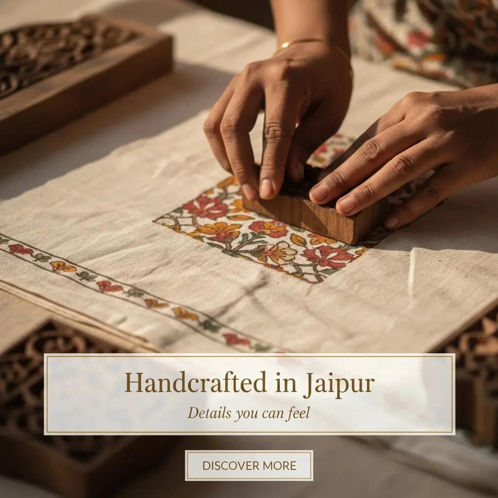 Artisan doing traditional Jaipur block printing on pure cotton fabric