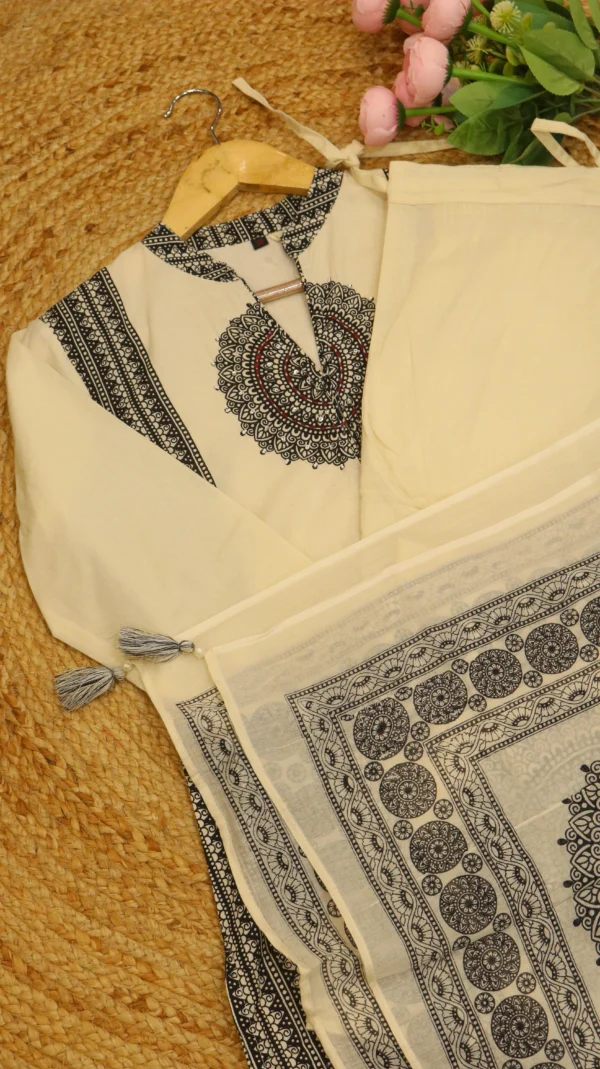 Ivory mandala print pure cotton suit set for women with black traditional print and hand detailing