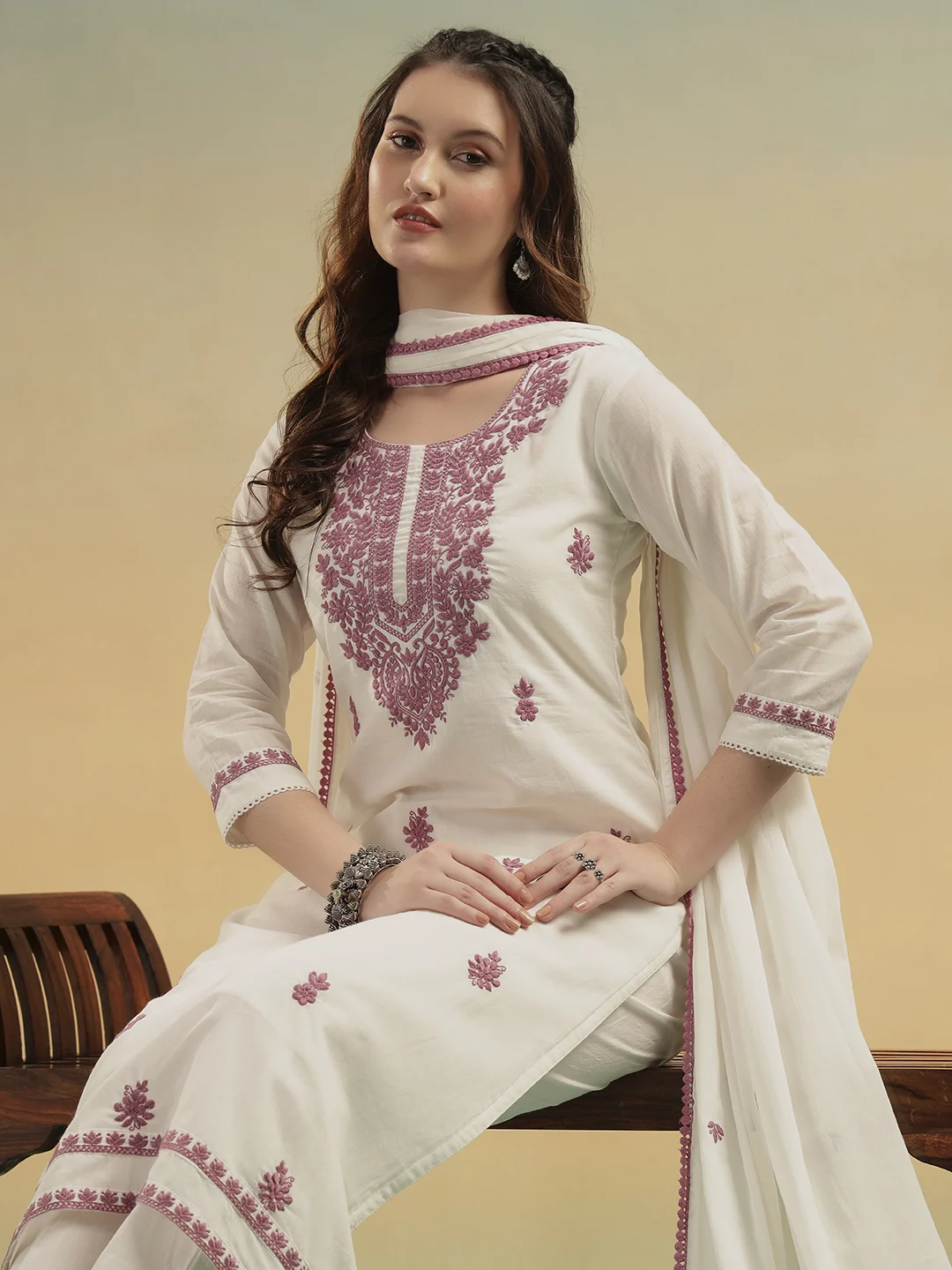 Full length ivory white cotton embroidered ethnic suit for women